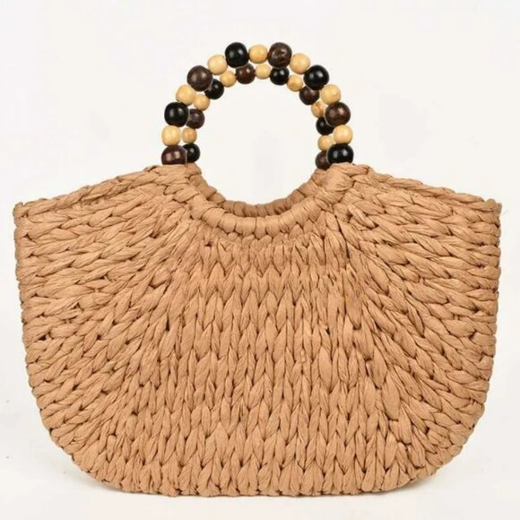 Handmade Woven Straw Bag with Wooden Bead Handles | Vacation Beach Bag| Gift - Picture 5 of 13